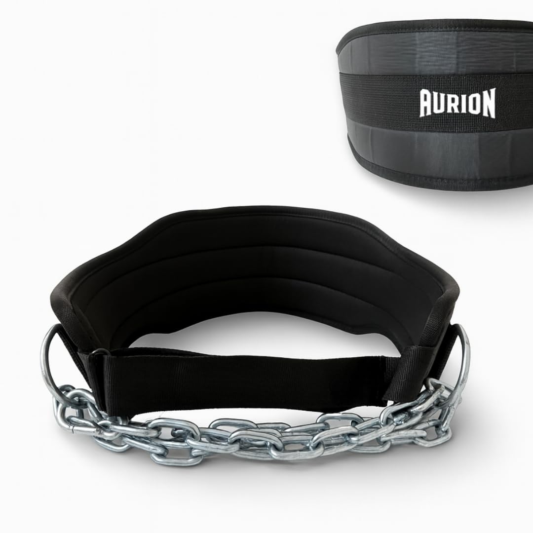 Aurion Gym Belt for Weight Lifting - Black Neoprene Pull Up Belt with Steel Chain - Chain Dip Belt, Gym Belt for Weightlifting, Calisthenics, Durable and Comfortable Gym Belts, dip belt for men