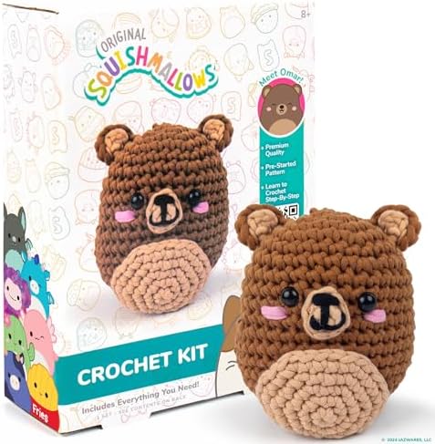 Original Squishmallows Omar the Bear Crochet Kit, Includes Yarn, Crochet Hook, Starter Hooks, Step-By-Step Tutorials, Exclusive Crochet Kit For Beginners, DIY Craft, Crochet Kits, Great Teen Gifts