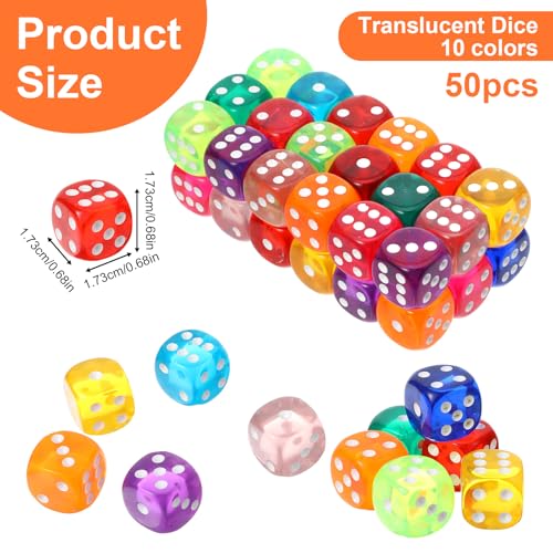 APLZGMG 50 Stück 18 mm Würfel Bunt Set 6-Seitig, D6 Dice mit Runden Ecken, Spielwürfel Große Acryl Würfel Set für Würfelspiele Tischspiele Bar KTV Party Tutoring (10 Farben)