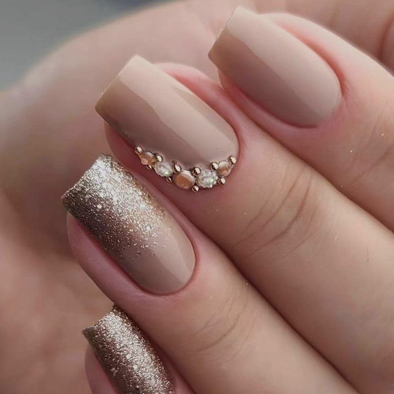 The Blue Box Set Of 24 Artificial Reusable Nails in Beige Glitter Honey With Stones Design-image-30