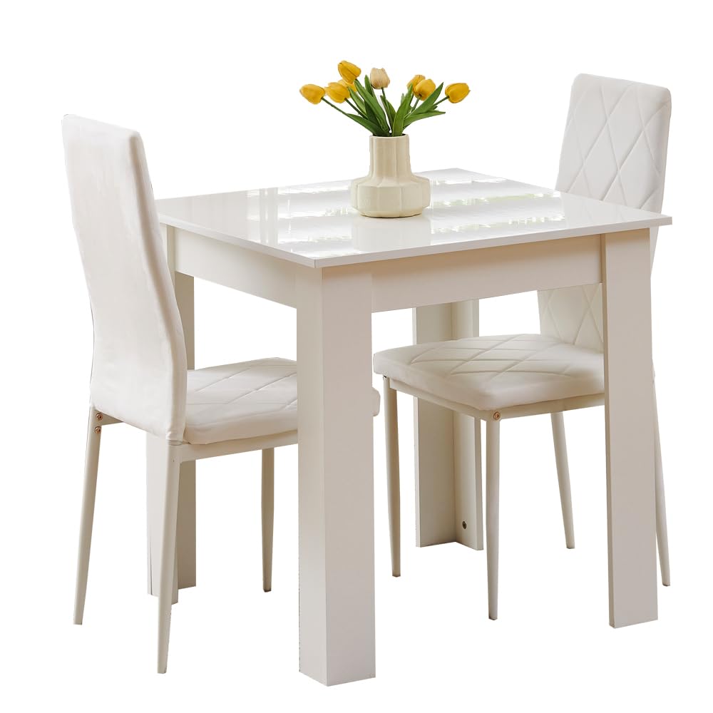 Rainbow Tree Modern 3 Piece Dining Room Table and Chairs Set, Wooden Square Table with 2 Chairs for Small Space Apartment Space Saving (White Table+2 White Argyle Velvet Chair) — image 1