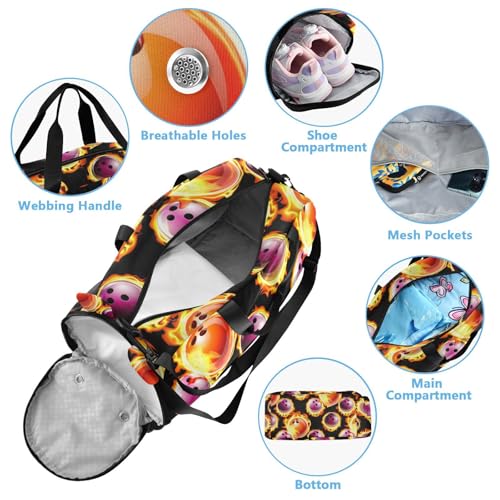 Flaming Bowling Black Kids Travel Duffel Bag for Boys Girls Overnight Weekend Tote Bag with Shoes Compartment for Sleepover Trip Beach4