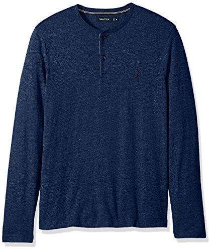 Nautica Men's Standard Long Sleeve 3 Button Henley Shirt, Deep Navy Heather, Large