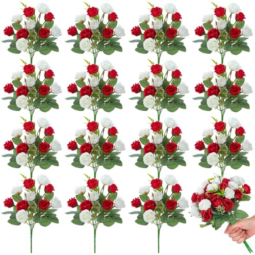 Zeyune 16 Bunches 12 Inch Artificial Mini Rose Bouquet 160 Heads Bridal Flower Bouquets Fake Silk Rose Bulk for Wedding Bridal Shower Christmas Home Office Garden Decoration(White and Red)