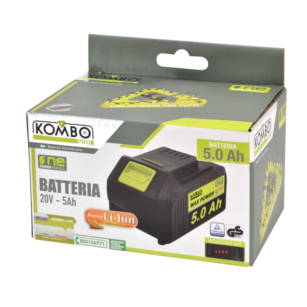 KOMBO PRO - Batteria Ricaricabile 20V 5.0Ah agli ioni di Litio - Potenza Massima 1125W - Indicatore LED 4 Stadi – Sistema di Protezione Elettronica
