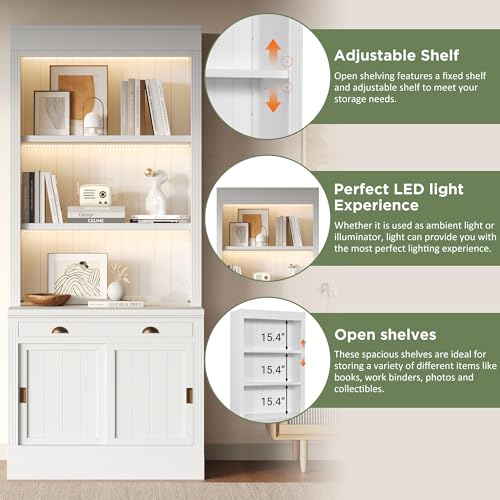 Image of 83.4 inch White Tall Bookshelf with 3-Layer LED Lighting, Modern Wood Bookcase with Sliding Doors and Open Shelves, Tall Storage Bookshelf with Cabinet for Living Room,Home Office (White)