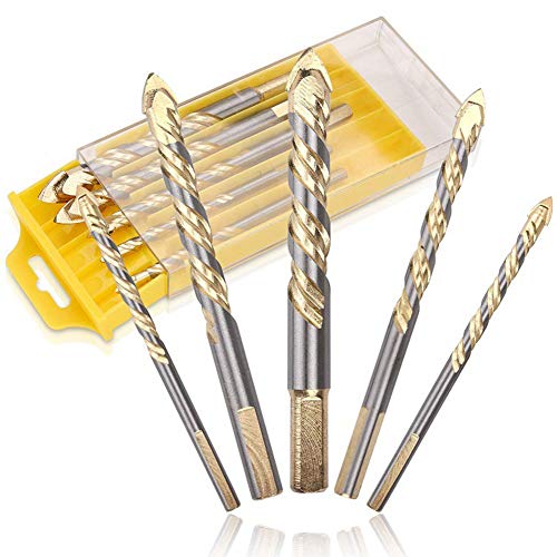 Multi Material Drill Bit Set, 5PCS Masonry Drill and Twist Drill Bits for Tile, Ceramics, Glass, Plastic, Wood and Cinder Block, Tungsten Carbide Tipped with Tri-Shank, 1/4″, 5/16″, 3/8″, 1/2″