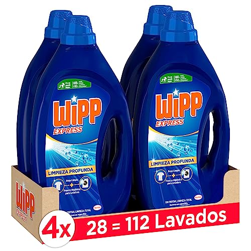 Wipp Express Limpieza Profunda Gel (4 x 1260 ml), detergente líquido con potente acción quitamanchas ropa, deja un frescor higiénico en la lavadora, apto para agua fría