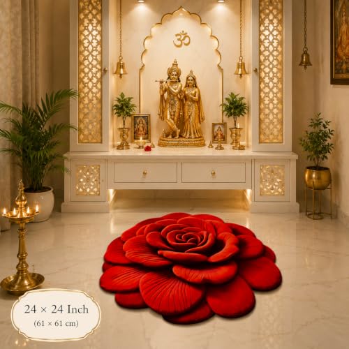 Image of Red Rose Decorative Floor Mat | Anti-Slip, Water Absorbent & Machine Washable | Premium Soft Microfiber Decorative Rug for Home, Living Room & Bedroom | 25x25 Inch, (Red, Rose Flower)