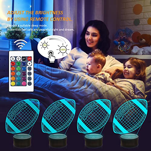 Image of FULLOSUN Football 3D Night Light, American Football 3D Illusion Lamp for Kids with Remote 16 Colors Changing, Creative Birthday Rugby Gifts for Boy Girl Bedroom Decoration