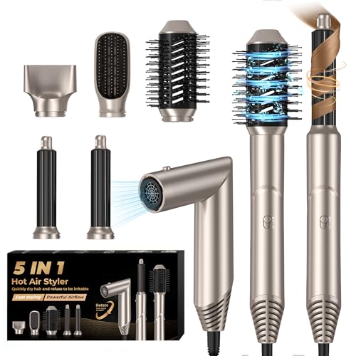 UKLISS 5 in 1 Magic Air Styler Hair Dryer Brush with Air Curlers Volumizier Blow Dryer Brush Multi-use Hair Styler for Hair Curling Straightening Detangling Airbrush Multistyler Women Gifts, Gold