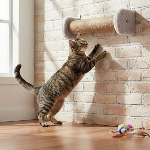 Image of Wall-Mounted Cat Scratching Post, Natural Jute Rope, Plush Cushioned Ends, Space-Saving Design (5X16) FURR-156 (Grey)