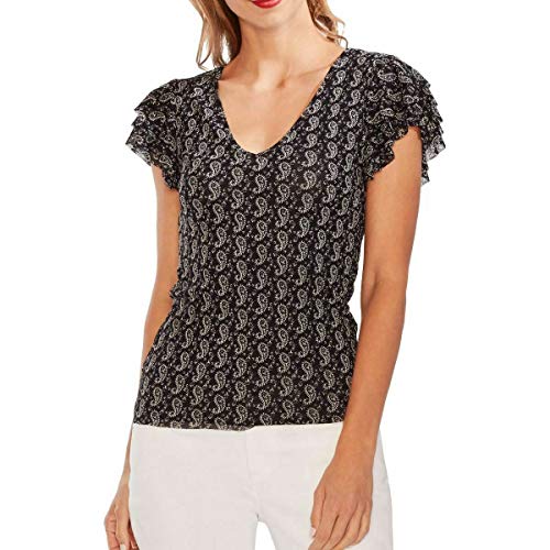 Vince Camuto Tiered Ruffle Sleeve Paisley Mesh V-Neck Top Rich Black SM