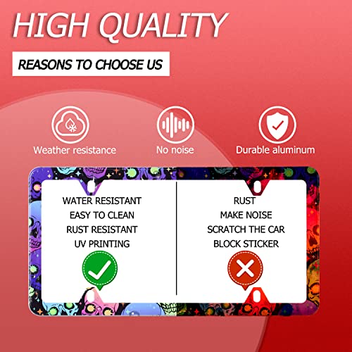 Neon Skulls License Plate Frame Funny Hippie Skull Goth Gothic Plate Holder Stainless Steel Rust-Proof Auto Parts Colorful License Plate Cover Decoration With Screws Size 12.3" X 6.3" For Men Women #TOP6