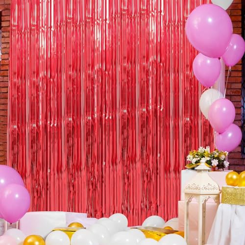 Image of Crosize 4 Pack 3.3 x 9.9 ft Red Foil Fringe Curtains Party Decorations, Bachelorette Valentines Day Party Decorations, Tinsel Curtain Backdrop for Parties, Door Streamer for Birthday Decoration