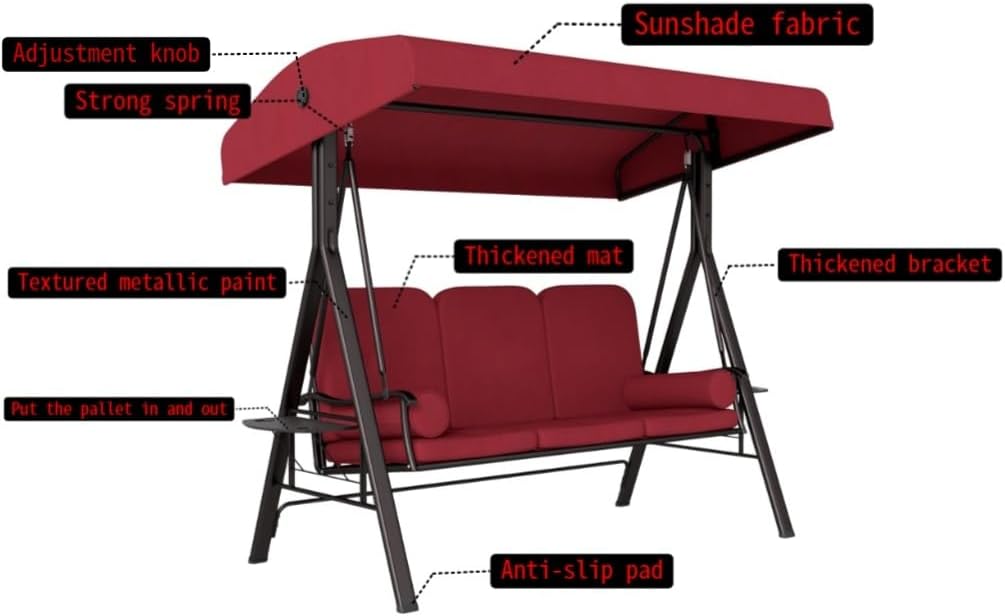 3-Person Heavy Duty Porch Swing with Tilt Canopy & Side Tables - Outdoor Steel Frame Swing Chair, Cushioned Seat for Patio, Backyard, Deck (Wine red) - Image 3