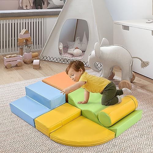 SPOFLYINN 6-in-1 Climb Crawl Activity Play Set for Toddler Indoor Active Play Structure Climbing Crawling Toys Gym Equipment for Boys Girls Colorful