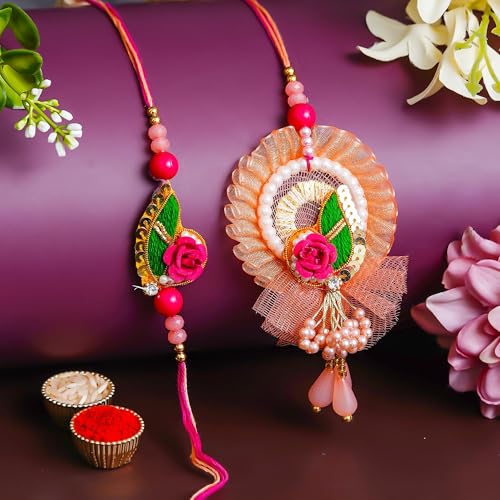 Image of Bhai Bhabhi Rakhi Set - Peacock Designer Rakhi with Stone & Pearl Work Lumba with Tassel for Bhabhi | Raksha Bandhan Gift