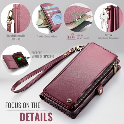 Defencase for Galaxy S25 Case Wallet with RFID Blocking Card Holder for Women Men, Elegant PU Leather Magnetic Snap Flip Wrist Strap Zipper Wallet Phone Cases for Samsung Galaxy S25 5G 6.2", Wine Red by Defencase - Used condition - Image 5