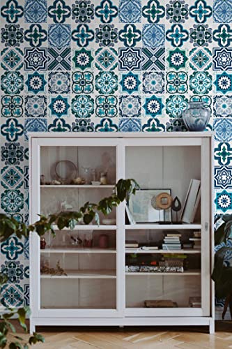 Kukantst Blue Pattern Tile Wallpaper Boho Peel And Stick Wallpaper Kitchen Oil Resistant Contact Paper Self Adhesive Waterproof Vinyl Film Decorative Backsplash Bathroom Shelf Liner 15.8"X118" #TOP4