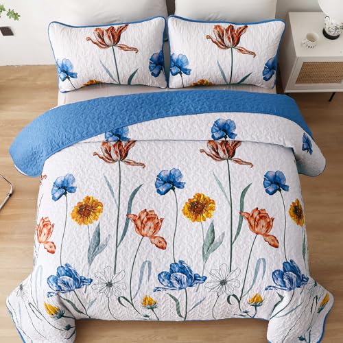 Parure de lit réversible bleu floral en microfibre douce King Size haut de gamme - 4