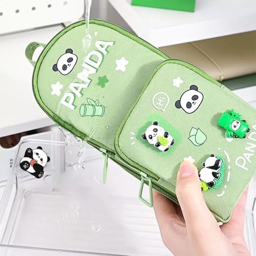 Image of Canvas Kawaii Pencil Case 3 Compartment Cute Pencil Case for Girls Large Capacity Pen Pencil Pouch for Boy Smooth Zipper Multifunctional Stationery Organizer for School Office (HT Green Panda)