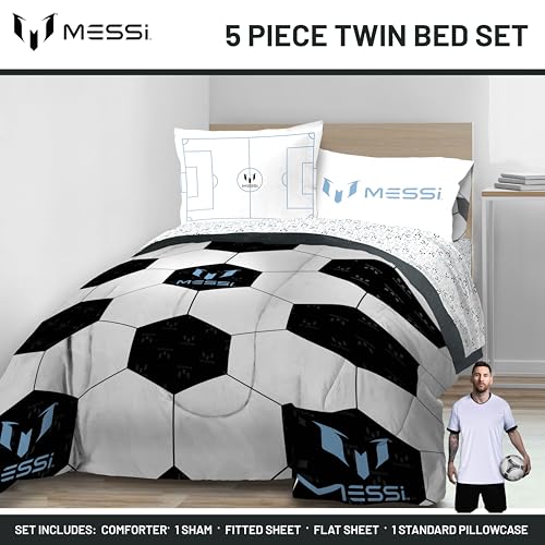 Image of Messi Twin Comforter Set 5 Piece Kids Sports Bedding for Boys, White | Bed in a Bag, Comforter Sheets Sham Pillowcase, Official Brand, Soft Microfiber, Machine Washable, Easy Care, Boys Gift