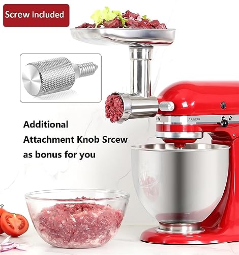 Stainless Steel Food Meat Grinder Accessories for KitchenAid Mixers, Dishwasher Safe, Included 3 Sausage Stuffer Tubes and 1 Metal Attachment Knob Screw Replacement