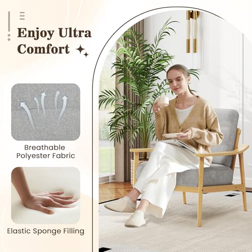 Image of Giantex Mid Century Modern Accent Chair, Max Load 440 LBS Upholstered Living Room Chair with Rubber Wood Armrests & Legs, Removable Back Cushion, Comfy Reading Arm Chair for Living Room, Bedroom