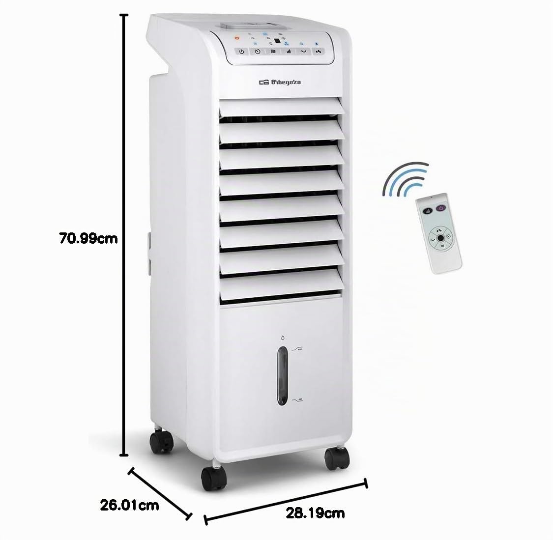 Orbegozo Air 46 Luftkühler 3-in-1, 3 Stufen, Zeitschalter, Kühlakkus, Tank von 6 l, Fernbedienung, leise, 55 W, Kunststoff / Metall | 3 Geschwindigkeitsstufen, Timer, 6 Liter Tank, Fernbedienung, 55 W