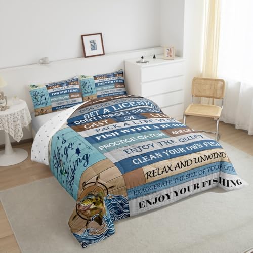 Image of Feelyou Kids Happy Camping Bedding Set King Size, Bass Fish Duvet Insert Fishing Rules Comforter Set Boys Girls Rustic Teens Bedroom Decor 3Pcs