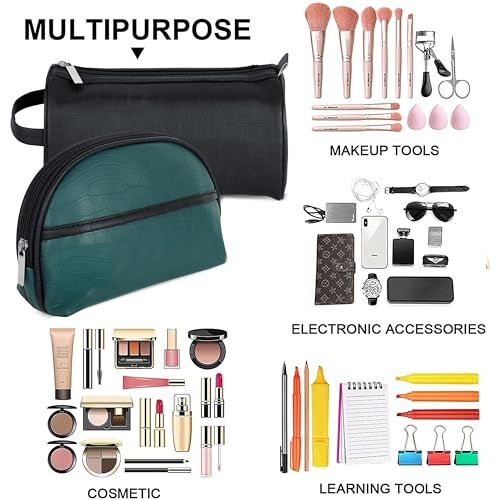 Image of SNDIA Leather 2-Set Toiletry Kit Travel Bags Shaving Kit Makeup Cosmetic Pouch For Men And Women (Him & Her) - Turquoise Black