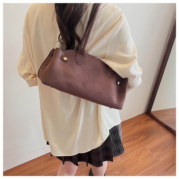 Women's Faux Suede Shoulder Bag,Large Capacity Trendy Brown Tote Purse,Fall Retro Fashion Underarm Work Handbag4