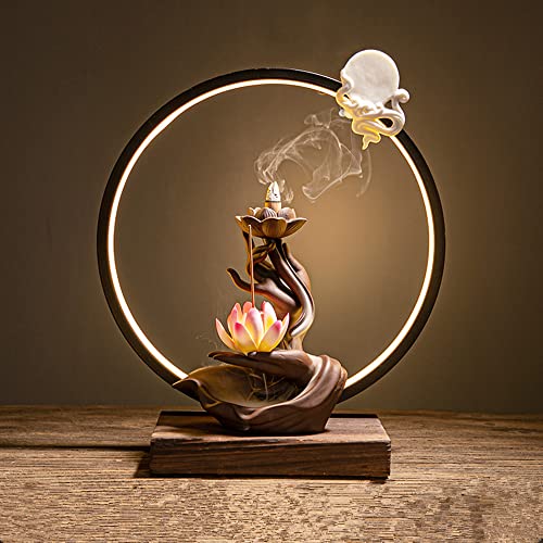 Ceramic Lotus Incense Burner Waterfall Chinese Backflow Incense Sticks Burner Holder With Led Light Incense Cones For Home Office Decor (Pink Lotus) #TOP2