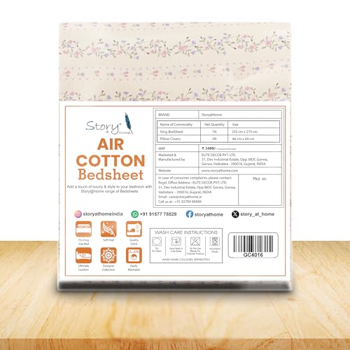 Image of Story@Home King Size Bedsheet | Air Cotton Flatsheet King Size with Two Pillow Covers| 240 TC | Super Soft Bed Sheet for King Size Bed | Floral Design (270 x 250 cm, Off White & Blue)