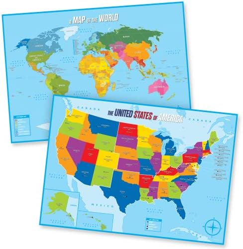 World Map & USA Map Kids Wall Posters - 2 Large, Colorful & Laminated Learning Educational Posters for School Classroom Supplies, Home Study & Bedroom Decor