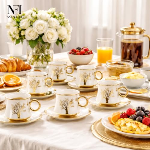 Image of NFI essentials Ceramic Cup & Saucer Set of 6 Pcs, Tea /Coffee Cup, Microwave & Dishwasher Safe, Premium Mug Perfect for Daily Use, Office, Gifting Elegant Golden Color Design 200ML