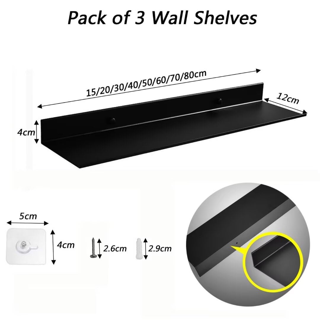 3 mensole da parete da 20 cm, in alluminio nero, senza trapano e foratura, versatili per bagno, camera da letto, cucina, mensole galleggianti moderne