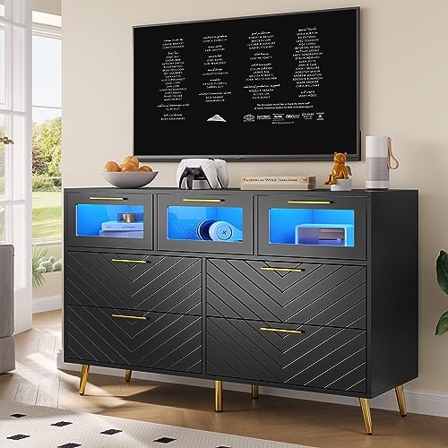 VIAGDO Dresser for Bedroom with 7 Drawers, Black Dressers & Chests of Drawers with LED Lights and Metal Handles, Wood Large Capacity Storage Cabinet Dresser for Closet Bedroom Entryway