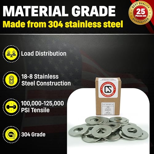 Image of Chenango Supply 5 /8 inch Stainless Steel Flat Washers - 304 Stainless, USS, 100,000-125,000 PSI Tensile Strength, Corrosion-Resistant Hardware Washers, 25 Pieces (5 /8 Flat Washers)
