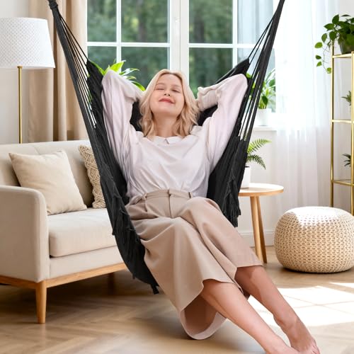 Image of Y- STOP Hammock Chair Hanging Rope Swing, Max 500 Lbs, 2 Cushions Included, Large Macrame Hanging Chair with Pocket, Cotton Weave for Superior Comfort, Durability (Dark Grey)