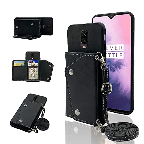 Image of Compatible with OnePlus 7 6T Wallet Cover with Crossbody Shoulder Strap and Stand Credit Card Holder Cell Phone Cover for OnePlus6T A6013 OnePlus7 GM1900 One Plus6T 1+ Plus7 1 Plus 1plus T6 Black