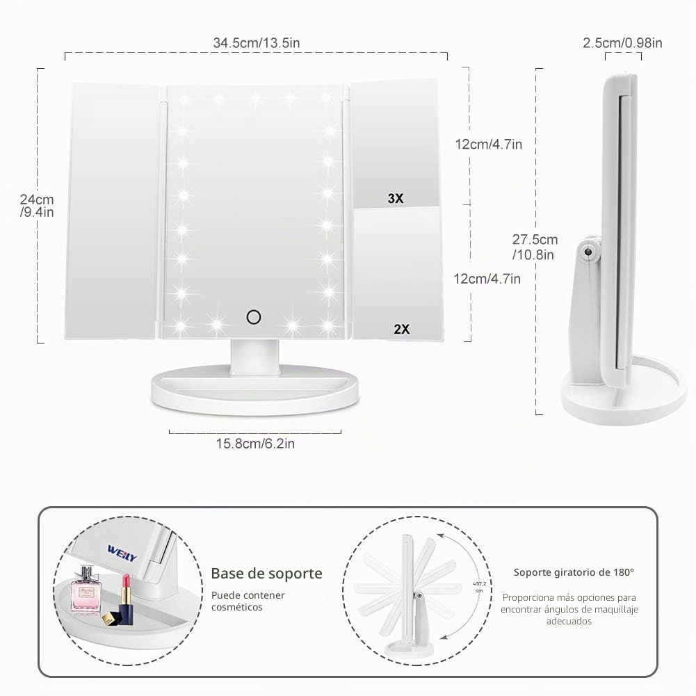 WEILY Espejo de Maquillaje de Tres Pliegues con 21 Luces LED y Pantalla táctil Ajustable (Blanca)