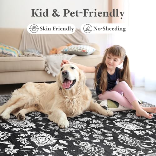 Tapete Floral Lavable 5x7 ft Negro Blanco miniatura 4