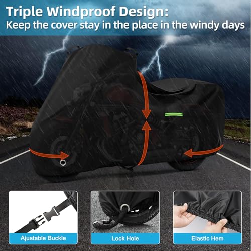 Image of Motorcycle Cover Waterproof for Kawasaki Vulcan S 650 /900 /1500, Heavy Duty Outdoor Sun UV Rain Dust All Weather Protection Motorbike Cover with Soft Cotton Lining & Lock Hole-Black