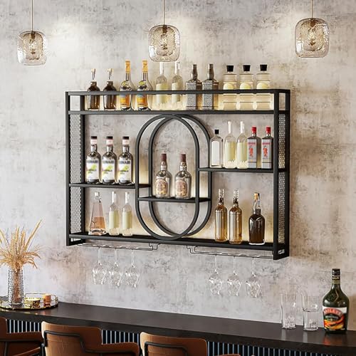 SAYEYBU Botellero De Pared con Luz LED, Porta Copas De Vino Colgante, Estante para Botellas, para Bar, Bodega, Decoración De Cocina,Negro,120cm