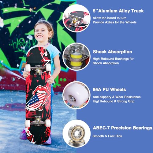 Image of Skateboards for Beginners Kids Boys Girls and Adults,31''x8'', 7-Layer Maple, Double Kick Concave, Fascinating Cool, Solid&Durable