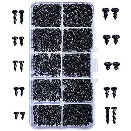 500 Tornillos Autorroscantes Negros Cabeza Plana, Tornillos Autorroscantes de Acero al Carbono, 10 Tamaños Kit Surtido de Tornillos Avellanados con Caja para Plástico Madera Soft Metal M2 M2.3 M2.6 M3