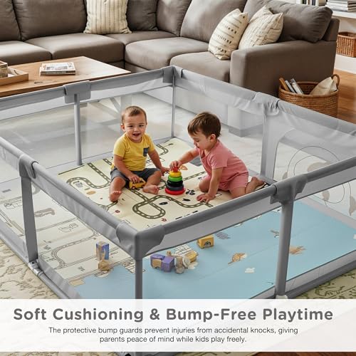 Image of Baybee Kids Playpen for Babies | Baby Play Area Indoor Setup with Zipper Door & Toys Pouch (Light Grey)
