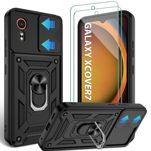 Jshru Handyhülle für Samsung Galaxy XCover 7 Hülle mit 2 Stück Schutzfolie Militärisch Stoßfest Schutzhülle Kameraschutz Schutz 360 Ring Ständer Kratzfest Case für Galaxy XCover7 Schwarz